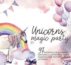 65张高清背景透明的北欧风水彩独角兽/城堡/植物/气球/信封等PNG图片：Unicorns magic party Watercolor